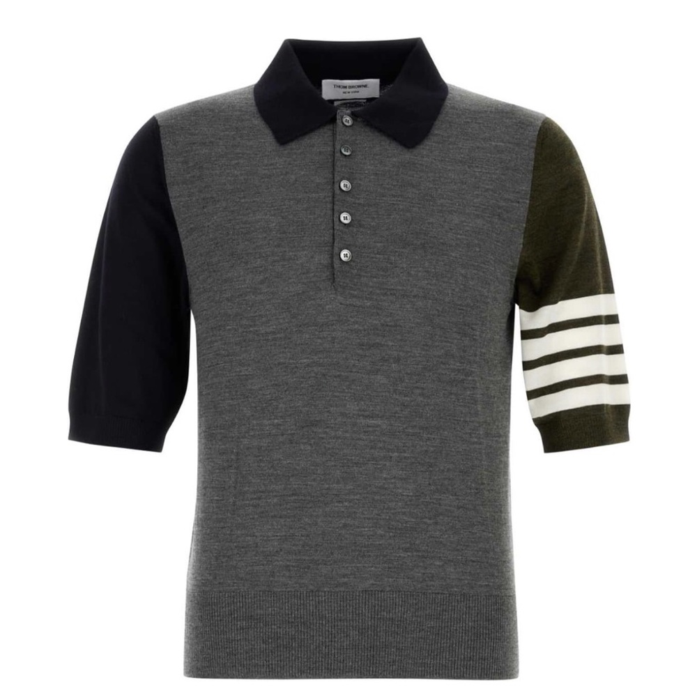 THOM BROWNE Men's Fun Mix Knit Polo Shirt,100% virgin wool. Made in Italy size 5